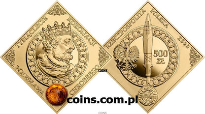 500 zł Tysiąclecie koronacji Bolesława Chrobrego 2oz Au999,9 złoto + bursztyn