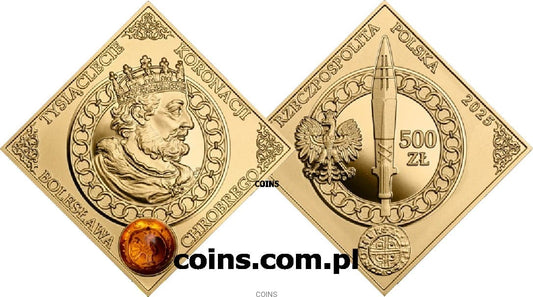 500 zł Tysiąclecie koronacji Bolesława Chrobrego 2oz Au999,9 złoto + bursztyn